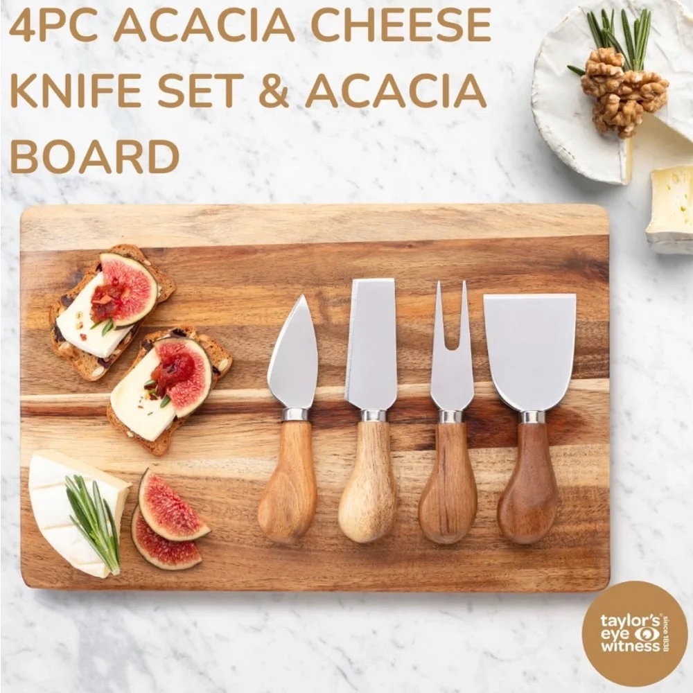 Acacia Wood Cheese Board & 4 Stainless Steel, Acacia Handled Cheese‎ Knives